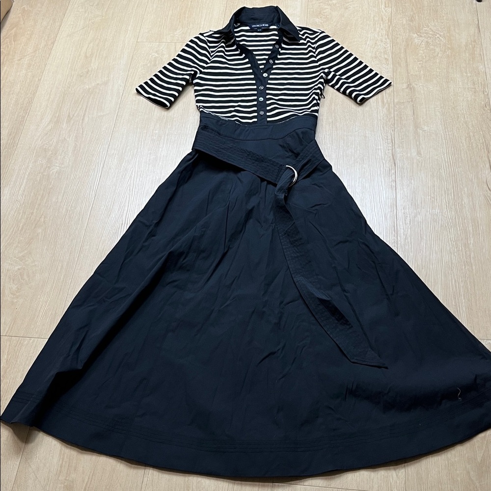 Veronica Beard Black & White Striped Polo Midi with Black Skirt - Picture 4 of 8